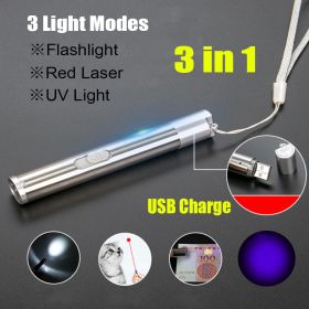 Red Laser Pointer Pen USB Rechargeable LED Light 3 In 1 UV Flashlight Cat Dog Toys
