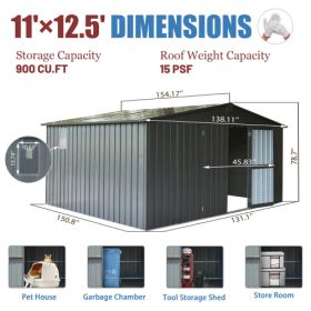 Storage Shed 11 X 12.5 With Galvanized Steel Frame  Windows, Outdoor Garden Shed Metal Utility Tool Storage Room With Lockable Door For Patio Dark Gra