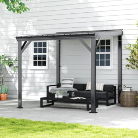 8x 8 Lean To Gazebo With Upgraded Drainage System, Wall Mounted Gazebo Hardtop Galvanized Steel Sloping Roof For Patio Deck  Lawn Party Gray