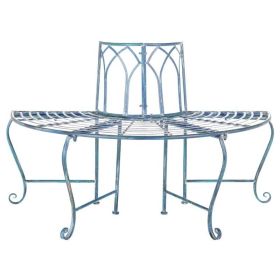 Half-Circle Outdoor Patio Garden Antique Blue Wrought Iron Tree Bench