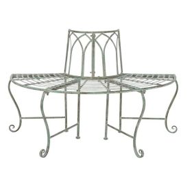 Half-Circle Outdoor Patio Garden Wrought Iron Tree Bench in Antique Green