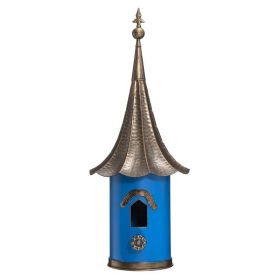 Outdoor Teal Blue Metal Birdhouse with Vintage Bronze Phonograph Style Roof