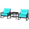 3 Pieces Outdoor PE Rattan Rocker Chair Set, Rocking Chair with Tempered Glass Table Top, Turquoise Green