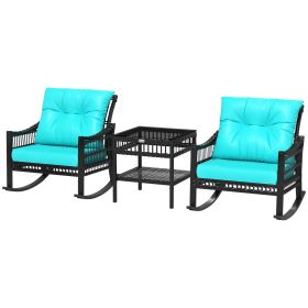 3 Pieces Outdoor PE Rattan Rocker Chair Set, Rocking Chair with Tempered Glass Table Top, Turquoise Green