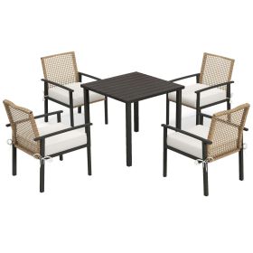 5PC Patio Dining Set Outdoor Wicker Table Chairs Cushions Umbrella Hole Beige