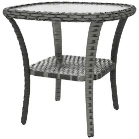 Outdoor Coffee Table, Hand-Woven Wicker, Water-Ripple Glass Top, Mix Gray, with Storage Shelf