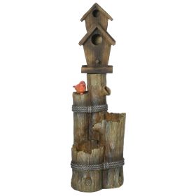 Outsunny Outdoor Fountain with Birdhouse, Cascading Garden Waterfall Bird Bath with 3-Tier Rustic Tree Trunk & LED Lights for Porch, Deck, Yard, Brown