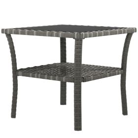 Rattan Wicker Outdoor Coffee Table with 2-Tier Storage Aluminum Frame Square Side Table with Tempered Glass Top Gray