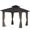 10' x 10' Hardtop Gazebo with Aluminum Frame, Metal Roof Gazebo Canopy w/ Hook, Curtains included, Dark Brown