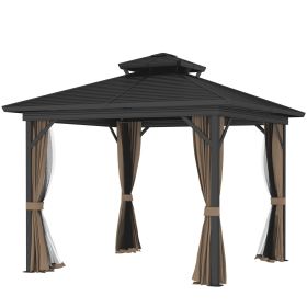 10' x 10' Hardtop Gazebo with Aluminum Frame, Metal Roof Gazebo Canopy w/ Hook, Curtains included, Dark Brown
