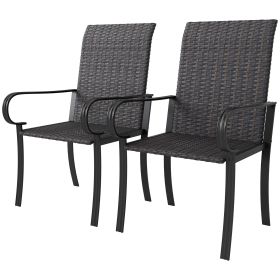 Set of 2 Outdoor Wicker Dining Chairs with Armrest, Steel Frame, High Back and Deep Seating, Brown