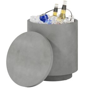 2.6 Gal Outdoor Side Table, 3-In-1 Concrete Cooler Bar Table with Storage, Removable Ice Bucket and Lid, Light Gray