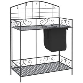 Outsunny Potting Worktable Steel Work Surface with Large Inbuilt Sack Cover 5 Hanging Hooks Storage Shelf