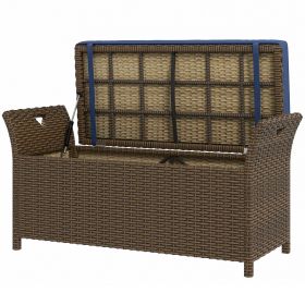 Outsunny Wicker Patio Storage Bench with Cushion Top, Dark Blue, Outdoor Seating & Storage Solution