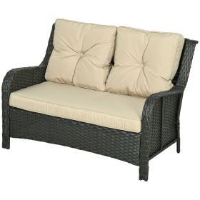 2-Seater Outdoor Sofa PE Rattan Wicker Loveseat with Cushions Beige