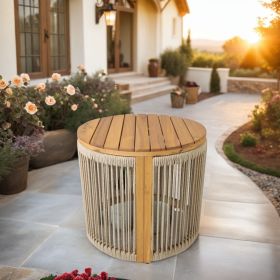 Direct Wicker Round Acacia Wood Outdoor SideTable, All-Weather Rope Woven Design for Patio, Backyard, or Balcony