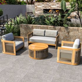 Direct Wicker 4-Piece Outdoor Acacia Wood Patio Furniture Set with Beige Cushions and Coffee Table-Teak Finish