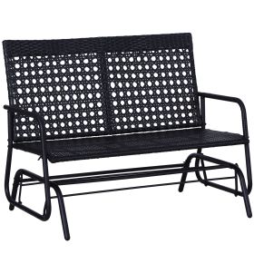 Outsunny Patio 2-Person Wicker Glider Bench Rocking Chair, All-Hand Woven PE Rattan Cushioned Loveseat w/ Ergonomic Design Rocking System, Black