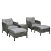 5-Piece Gray Rattan Wicker Lounge Chair Set Outdoor Patio Conversation with Cushions Chairs Ottomans & Glass Table