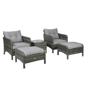 5-Piece Gray Rattan Wicker Lounge Chair Set Outdoor Patio Conversation with Cushions Chairs Ottomans & Glass Table