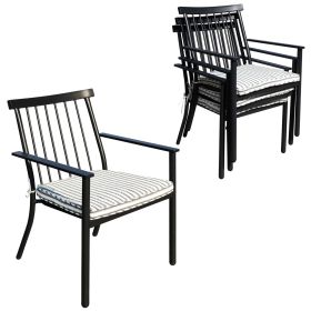 Set of 4 Outdoor Patio Chairs, Integrated Stackable Wrought Iron Furniture Dining Chairs with Arms and Cushions, Indoor Outdoor Chairs for Porch, Yard