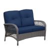 Outdoor Wicker Loveseat, 2-Seater Patio Rattan Sofa with Water-Resistant Navy Blue Cushions, UV-Resistant Hand-Woven Wicker Couch for Porch, Backyard