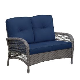 Outdoor Wicker Loveseat, 2-Seater Patio Rattan Sofa with Water-Resistant Navy Blue Cushions, UV-Resistant Hand-Woven Wicker Couch for Porch, Backyard