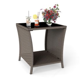 PPL Outdoor Side Tables for Patio - Tempered Glass Top Small Patio Wicker Table with Storage Shelf for Balcony & Porch, Durable PE Rattan & Iron Frame