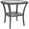 Rattan Coffee Table with Storage Shelf, Wicker Side Table with Glass Top, Outdoor End Table for Garden, Porch, Backyard, Mix Gray