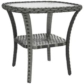 Rattan Coffee Table with Storage Shelf, Wicker Side Table with Glass Top, Outdoor End Table for Garden, Porch, Backyard, Mix Gray