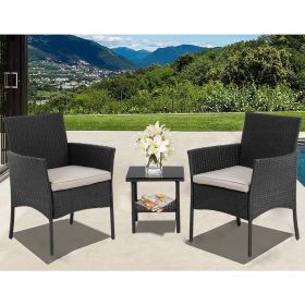 3 Pieces Outdoor Patio Furniture Wicker Table and Chairs Set Bar Set with Cushioned Tempered Glass, Black