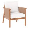 White Boho Patio Acacia Wood Chair with Woven Rope Armrests, Cushioned Outdoor Accent Chair for Porch Balcony