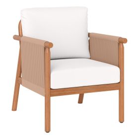 White Boho Patio Acacia Wood Chair with Woven Rope Armrests, Cushioned Outdoor Accent Chair for Porch Balcony