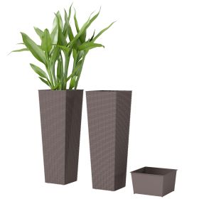 32 Inch Tall Planters for Outdoor Plants, Set of 2 Plastic Flower Pots with Drainage Holes, Brown