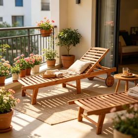 Outdoor Folding Chaise Lounge Chair Recliner with Wheels Teak Acacia Wood Frame Comfortable Garden Furniture in Teak Color