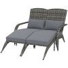 Wicker Adirondack Chair for 2 with Cushions & Footrests, PE Rattan Double Chaise Lounge Chair, Fire Pit Chair for Porch with High-back, Wide Armrests