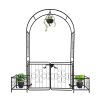 7.2ft Black Iron Garden Arch with Arched Top and Gate Metal Arbor Trellis with Planter Boxes Outdoor Decorative Archway for Climbing Plants Backyard L