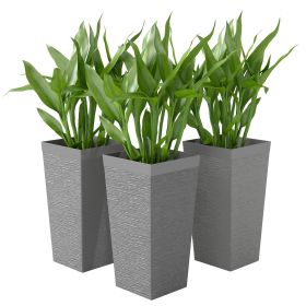 22.8 Inch Set of 3 Outdoor Planters with Stone Finish and Wheels, Stackable Tapered Planters with Drainage Hole, Gray