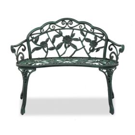 Outdoor Cast Aluminum Patio Bench, Porch Bench Chair with Curved Legs Rose Pattern, Antique Green(SAME AS 91404878)