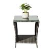 Outdoor Patio Wicker Side Table, Square End Table Bistro Coffee Table with Glass Top Storage Shelf for Porch Garden Backyard Grey(SAME AS 19215985)