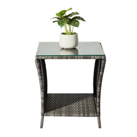 Outdoor Patio Wicker Side Table, Square End Table Bistro Coffee Table with Glass Top Storage Shelf for Porch Garden Backyard Grey(SAME AS 19215985)