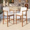 Outdoor Counter Height Bar Stools Chair Set of 2, Modern Patio Acacia Wooden Stools with Backrest Arm and Webbing Seat, for Patio, Pool, Garden
