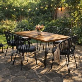 7 PCS Outdoor Dining Set for 6, Rectangular Table with Acacia Wood Top & Rattan Chairs, 72" Large Modern Furniture Set for Patio, Deck, Backyard