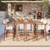 6 Piece Outdoor Bar Set, 2 Patio Acacia Wood Bar Height Table & 4 Stools with Cushions, Wood Dining Bar Set for Backyard, Poolside, Balcony