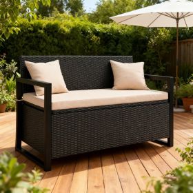 Patio Storage Bench Outdoor Wicker Loveseat with Built-in Storage