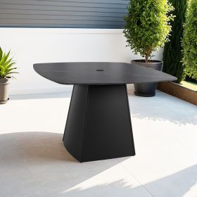 Modern 44" Rounded Square Outdoor Pedestal Dining Table, Black Sintered Stone Top, Flared Pyramid Aluminum Pedestal Base, Weather-Resistant, Rust-Free