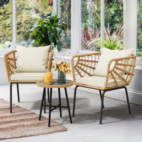 3-Piece Beige Outdoor Patio Furniture Wicker Bistro Set, With 2 Chairs and Coffee Table, Cushions and Lumbar Pillows