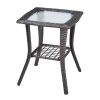 Outdoor Wicker Side Table, Rattan End Table with Glass Top, Patio Coffee Bistro Table for Indoor Garden Porch Balcony, Grey