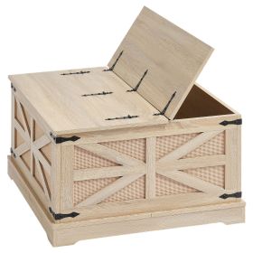 Rattan Coffee Table, Rectangle PE Rattan Woven Wood Coffee Table with MDF Top, 32-Inch Modern Boho Style Storage Coffee Table with Retro Metal Hinges