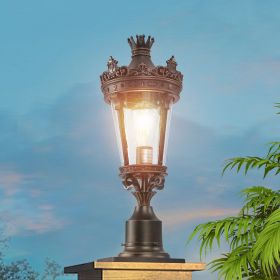 22"(H) Vintage Crown Outdoor Post Lantern, Waterproof Decorative Table Lamp with Clear Glass Shade and Antique Metal Base for Garden, Patio, Porch